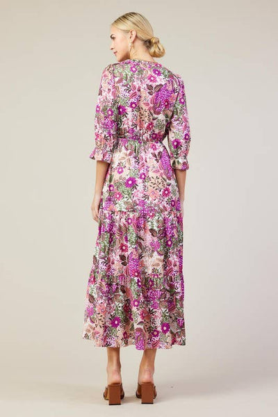 Long Sleeve Printed Split Neck Tiered Maxi Dress: Orchid Multi - Lulu Bella Boutique
