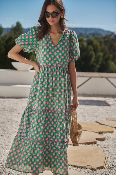 Gercy Abstract Renley Tiered Maxi Dress: GRN-PINK-MUL / XS - Lulu Bella Boutique