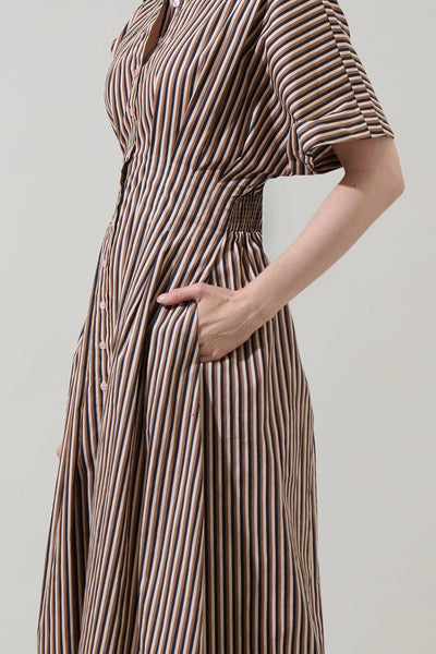 Barkline Stripe Wilderra Pleated Midi Dress: BrownMulti / XS - Lulu Bella Boutique