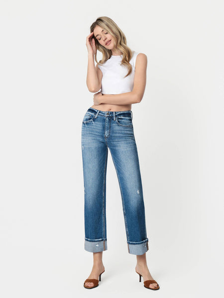 HIGH RISE MEDIUM DARK WASH CUFFED SLIM WIDE JEANS F5992: DARK STONE / 26 - Lulu Bella Boutique