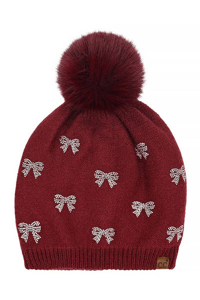 C.C Allover Rhinestone Mini Bow Pom Beanie: Red