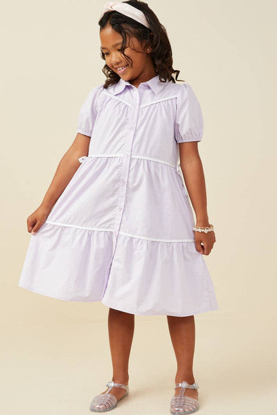 Girls Contrast Piping Ribbon Buttoned Dress: Lavender