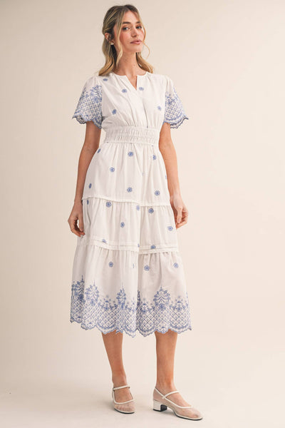 FLORAL EMBROIDERY TIERED MIDI DRESS MDR4566: WHITE BLUE FLORAL / S - Lulu Bella Boutique