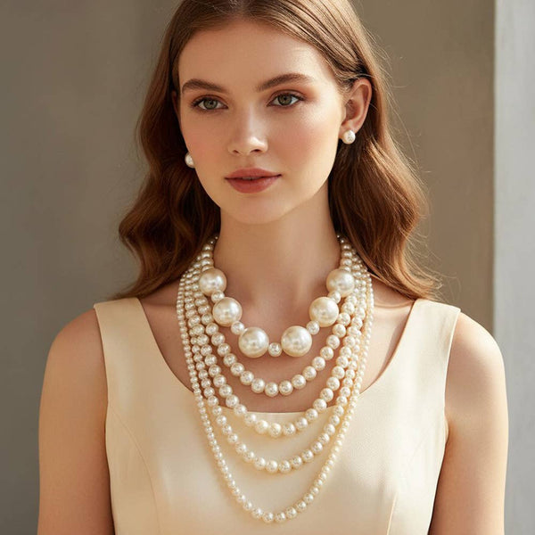 Oversized Layered Pearl Statement Necklace: Cream,Gold