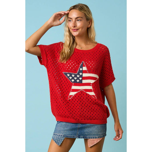 USA STAR PATCH OPEN KNIT SHORT SLEEVE SWEATER TOP: RED / S-M-L(2-2-2) - Lulu Bella Boutique