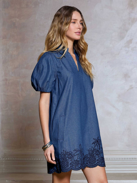 Denim Embroidered Shift Mini Dress: Denim / XS - Lulu Bella Boutique