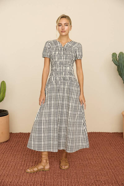 Black Multi Plaid Smocked Midi Dress: BLACK MULTI
