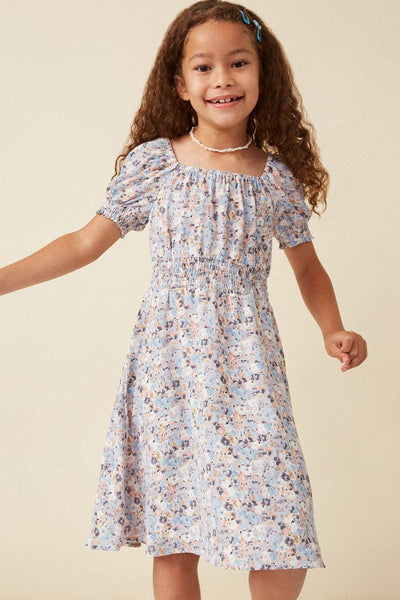 Girls Floral Print Smock Detail Puff Sleeve Mini Dress: Blue