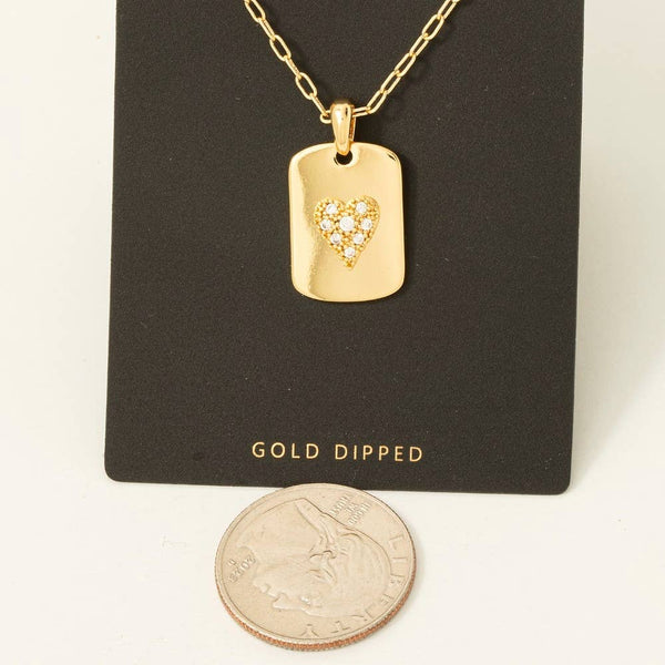 Gold Dipped Cz Heart Dog Tag Pendant Necklace: GOLD - Lulu Bella Boutique