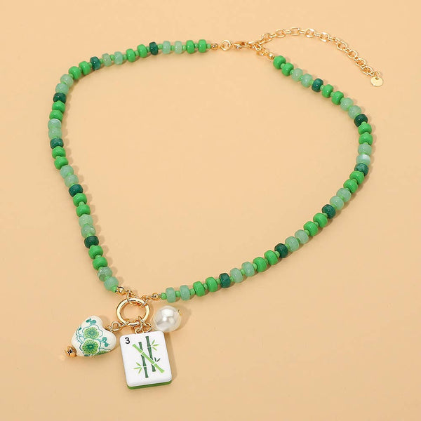 Mahjong Tile Charm Pearl Floral Bead Ball Charm Pendant Beaded Necklace: Blue,Gold