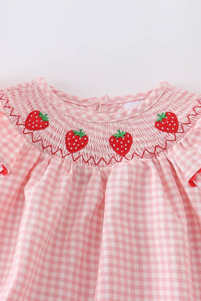 Baby Girls Strawberry Plaid Smocked Romper: 6M - Lulu Bella Boutique
