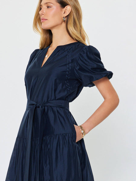 Short Puff Sleeve Tiered Midi Dress: Navy / XS - Lulu Bella Boutique
