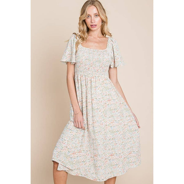 Floral Print Square Neck Smocked Midi Dress: Cream - Lulu Bella Boutique