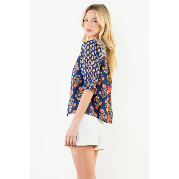 Short Sleeve Floral Detailed Top: BLUE / XS-S-M-L(1-2-2-1) - Lulu Bella Boutique