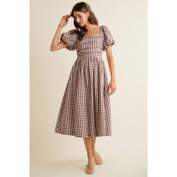 GINGHAM LACE TRIM PUFF SLEEVES LINED MIDI DRESS: BROWN / S - Lulu Bella Boutique