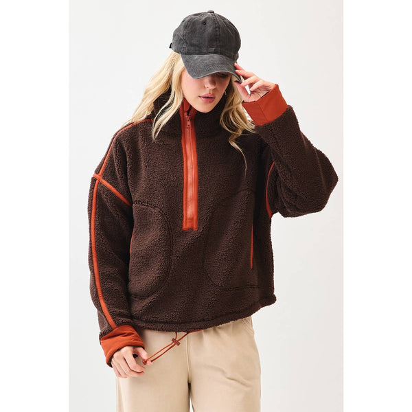 HALF ZIP CONTRAST DETAIL FLEECE SWEATSHIRT: BROWN / S-M-L(2-2-2) - Lulu Bella Boutique