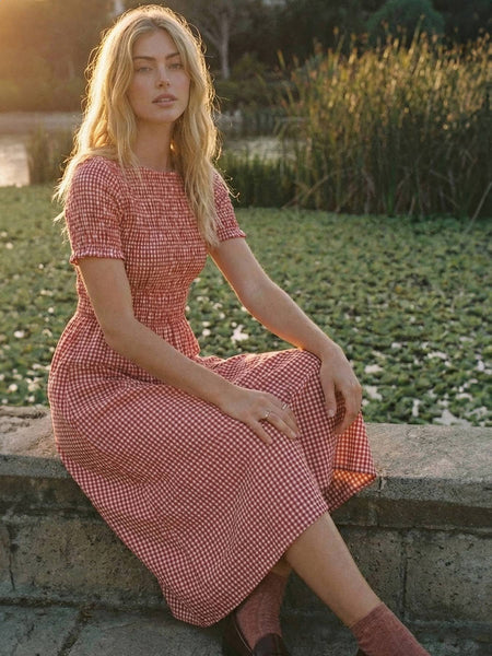 Round Neck Half Sleeve Smocked Cotton Gingham Midi Dress: Cherry / S - Lulu Bella Boutique
