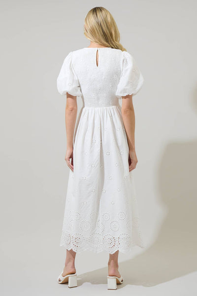 Deana Eyelet Smocked Midi Dress: White / XS - Lulu Bella Boutique