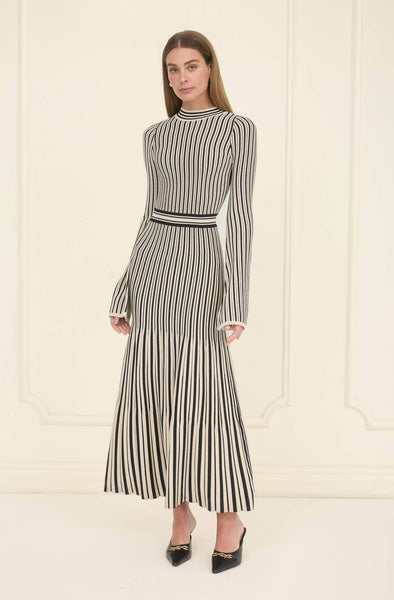 STRIPE LONG SLEEVE SWEATER PLEATED MIDI DRESS: BLACK IVORY - Lulu Bella Boutique