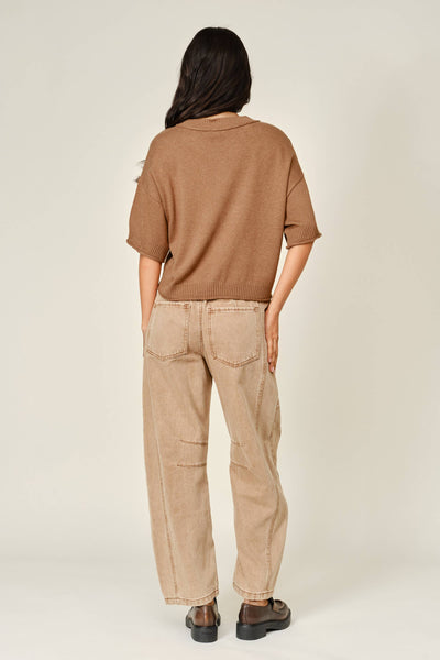 EMBROIDERED DETAIL COTTON BARREL PANTS: RUST