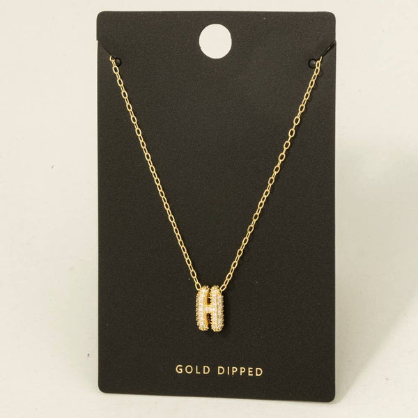 Gold Dipped Cz Pave Bubble Letter Pendant Necklace: E - Lulu Bella Boutique