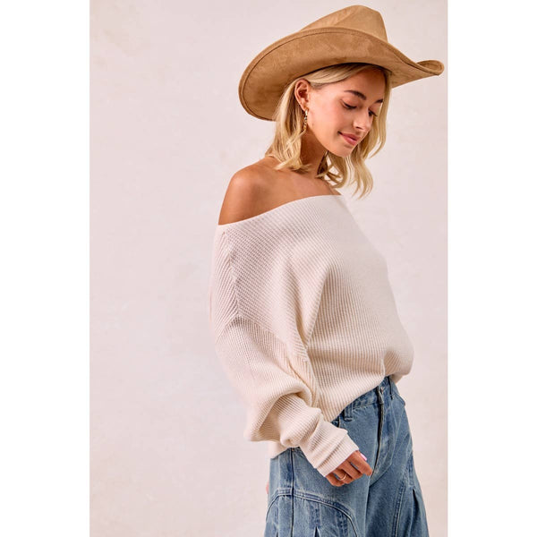 WAFFLE KNIT OFF SHOULDER TOP: IVORY / S - Lulu Bella Boutique