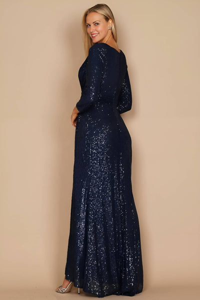 Long Sleeve Sequin Formal Hand Beaded Dress : Navy / 8 - Lulu Bella Boutique