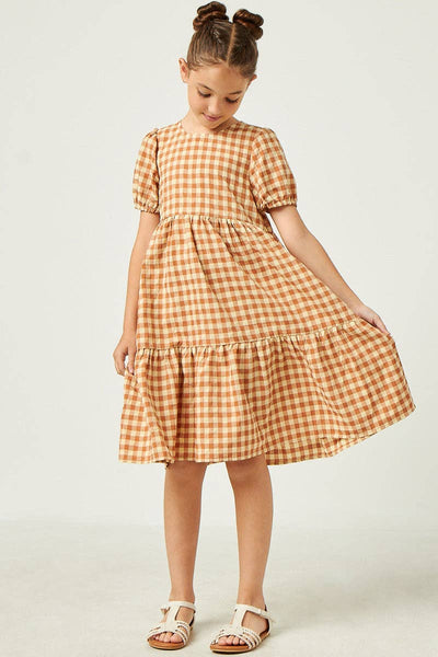 Girls Puff Sleeve Gingham Tiered Dress: Apricot