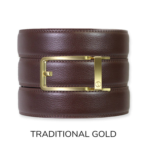 Espresso Leather Rachet Belt & Buckle Set: Traditional Gold - Lulu Bella Boutique