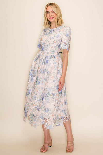 Floral Lace Midi Dress with Scalloped Hem: Multi / S - Lulu Bella Boutique