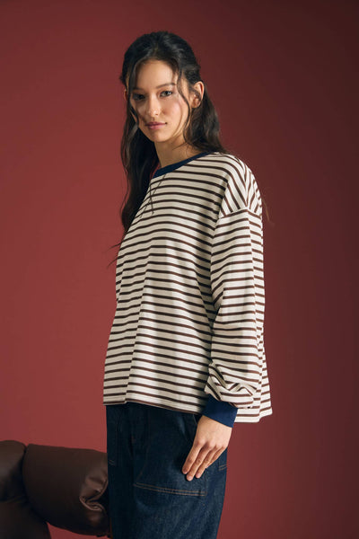 STRIPE CREW NECK V-STITCH LONG SLEEVE KNIT TOP: BROWN