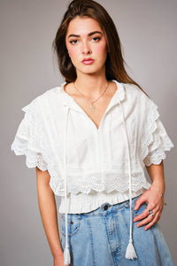 36900T - Eyelet Embroidered Tassel Tie Front Crop Top: OFF WHITE / S