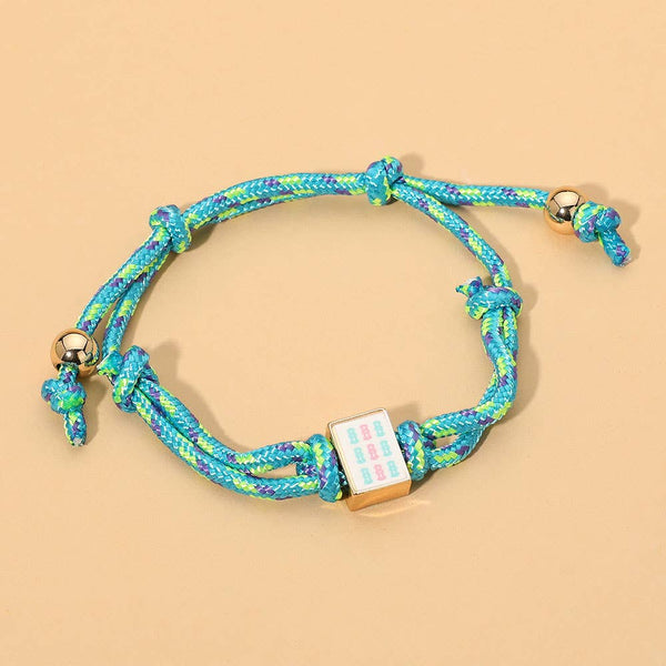 Mahjong Tile Charm Accent Knotted Cord Adjustable Cinch Pull Tie Bracelet: Gold,Turquoise - Lulu Bella Boutique