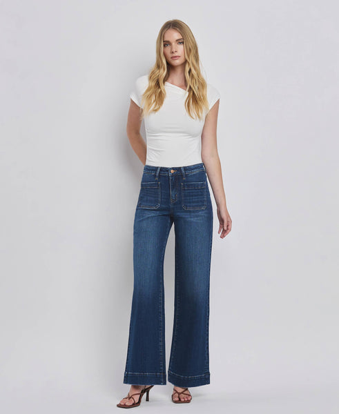 HIGH RISE PATCH POCKET TROUSER  HEM WIDE JEANS F5764D: DARK DENIM / 24 - Lulu Bella Boutique
