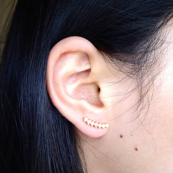 Curve CZ Diamond Screw Back Earrings: Yellow Gold