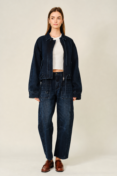 DARK WASHED BARREL JEANS: NAVY