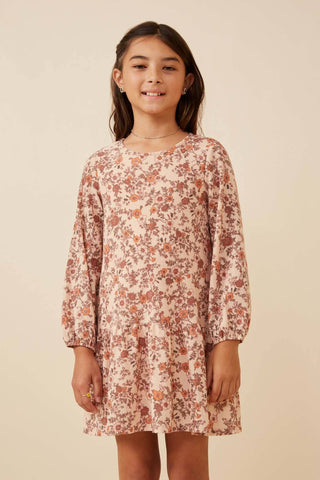 Girls Antique Floral Print Drop Waist Knit Dress: Taupe