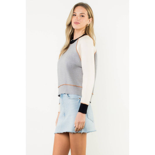 Colorblock Long Sleeve Knit Top: GRAY / XS-S-M-L(1-2-2-1) - Lulu Bella Boutique