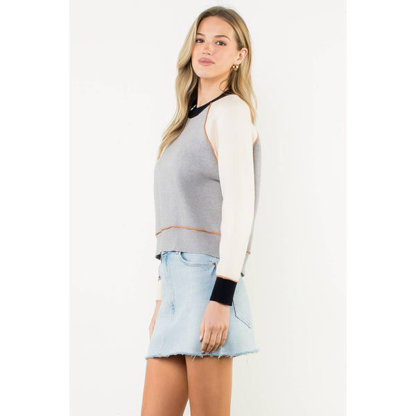 Colorblock Long Sleeve Knit Top: GRAY / XS-S-M-L(1-2-2-1) - Lulu Bella Boutique