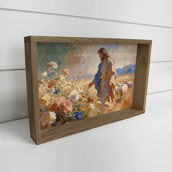 Jesus Christ Leading Sheep - Christian Home Bedroom Wall Art: 12x18" Medium Canvas Art with Thick Wood Frame