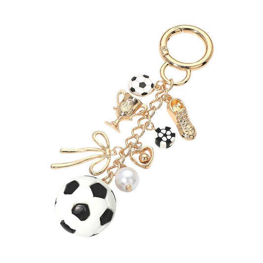 Soccer Theme Pearl Bow Charm Embellished Keychain Bag Charm - Lulu Bella Boutique
