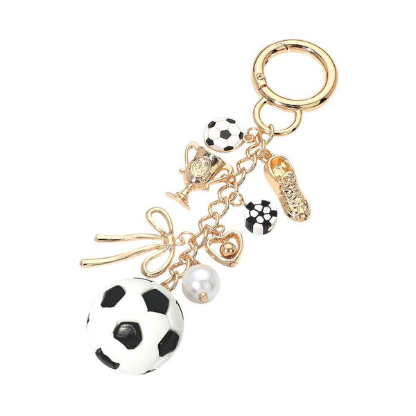 Soccer Theme Pearl Bow Charm Embellished Keychain Bag Charm - Lulu Bella Boutique