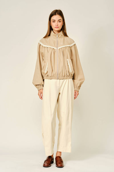 LACE SHIRRING BOMBER JACKET: TAN