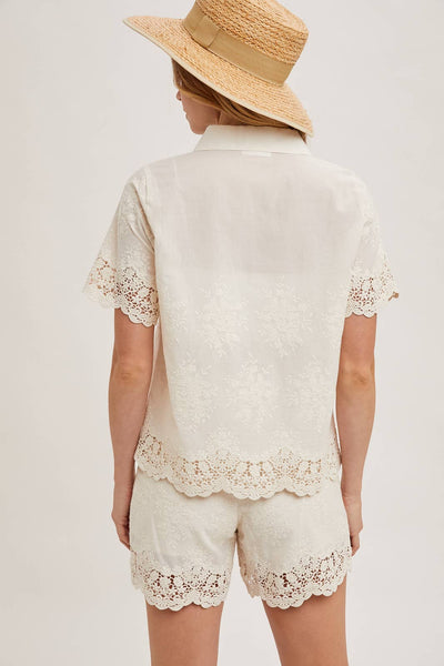 Embroidered Lace Trimmed Button Down Shirt: NATURAL - Lulu Bella Boutique