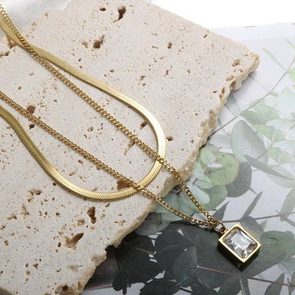 18K STAINLESS STEEL TARNISH FREE LAYERED NECKLACE | 40NK9665: CRYSTAL - Lulu Bella Boutique