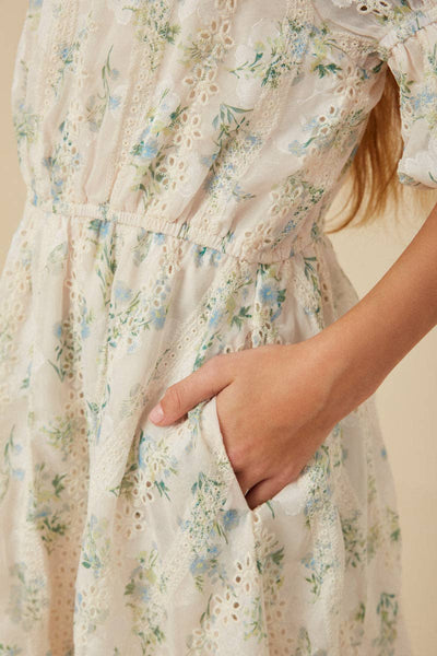 Girls Floral Printed Mesh Puff Sleeve Dress: Cream