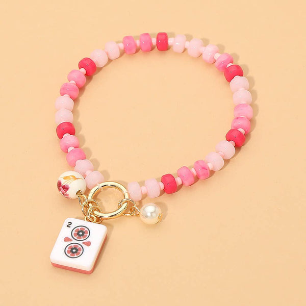 Mahjong Tile Charm Pearl Floral Bead Ball Accent Beaded Stretch Bracelet: Gold,Mint - Lulu Bella Boutique