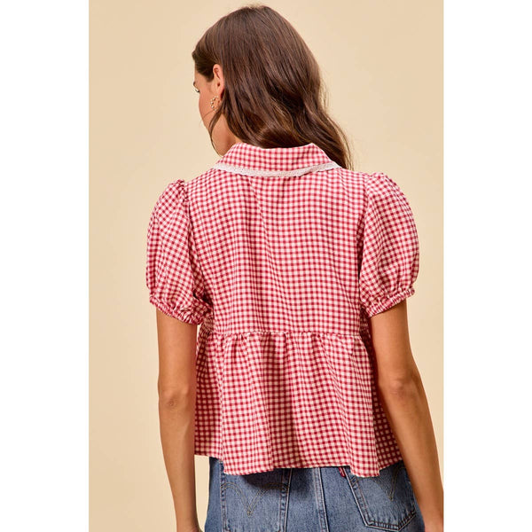 CHECK FRONT BUTTON SHORT PUFF SLEEVES BLOUSE TOP: RED CHECK / S - Lulu Bella Boutique