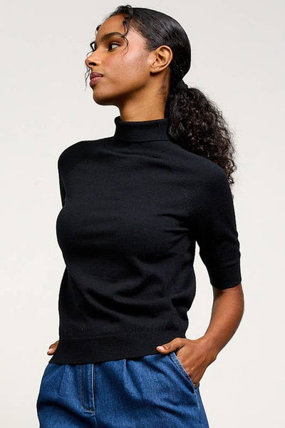 Mock Neck Half Sleeve Knit Top: Black
