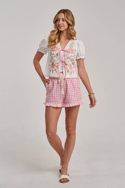 GINGHAM CHECK ELASTIC WAIST SHORTS WITH LACE DRASTRING: SWEET PINK / S-M-L(2-2-2) - Lulu Bella Boutique